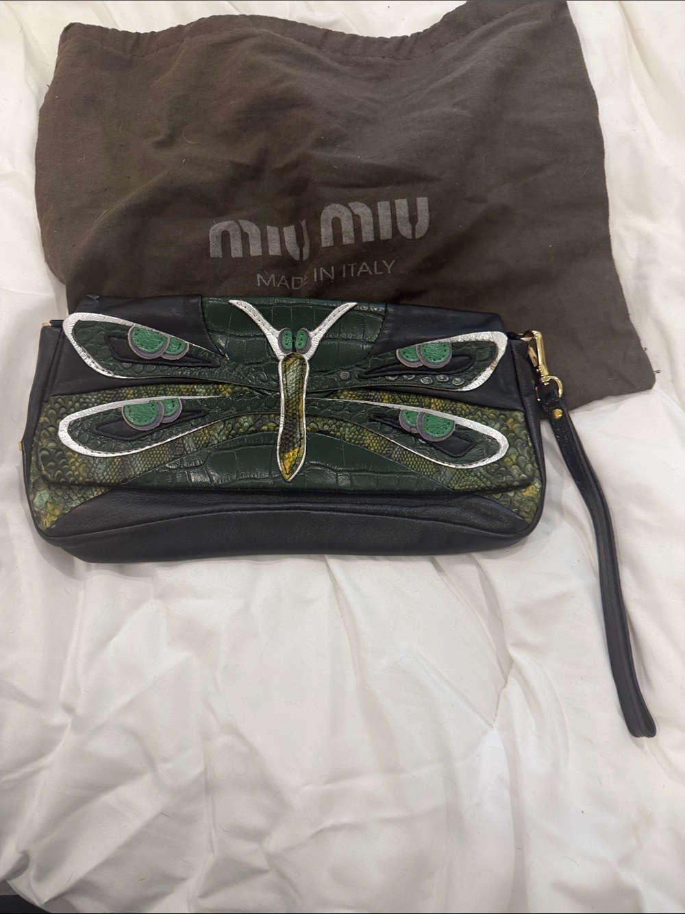 Miu Miu Green and Black Dragonfly Appliqué Leather Crossbody/Clutch - Picture 10 of 13